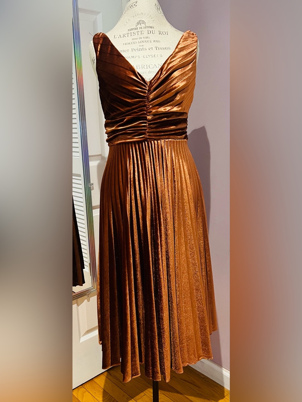 Maison Tara Copper Velvet Pleated Maxi Dress